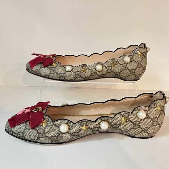 Gucci GG Monogram Lexi Supreme Pearl Lips Stars Bow Brown Ballet Flats SZ EU 39 - Picture 4 of 16